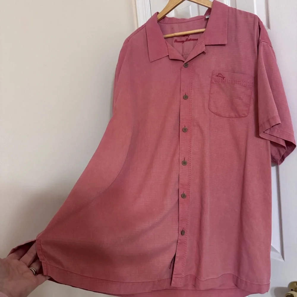 Tommy Bahama Silk Camp Shirt Solid Red Jacquard Checkered Textured Men's 3XL